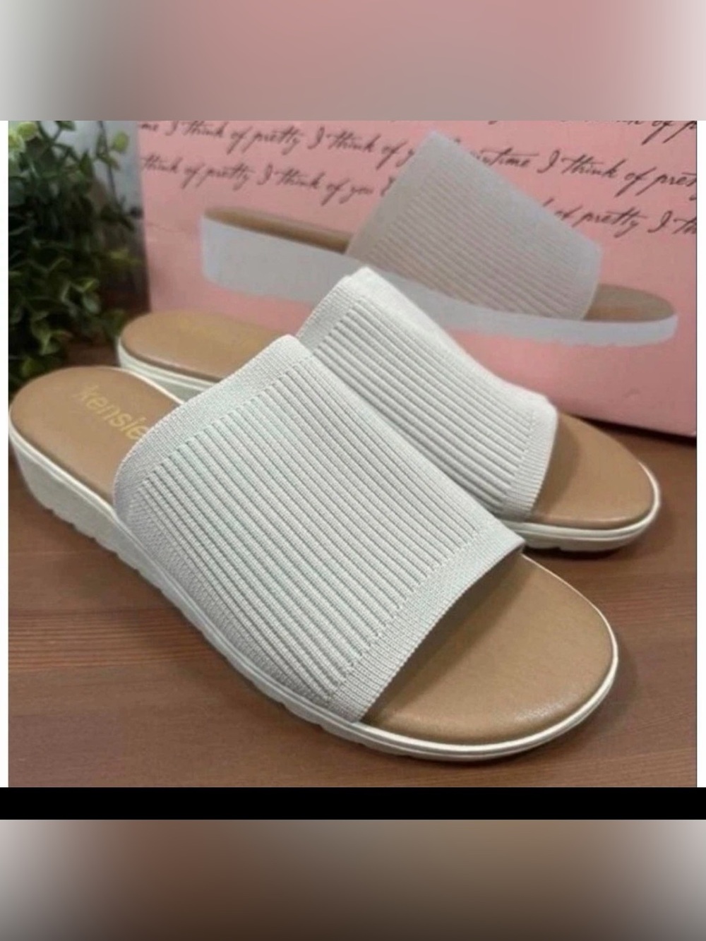 Kensie Ellie Beige Ribbed Knit Slide Sandals Platform Wedge Womens 9